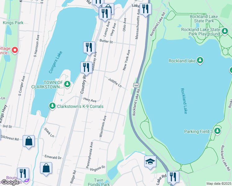 map of restaurants, bars, coffee shops, grocery stores, and more near 138 New York Avenue in Congers