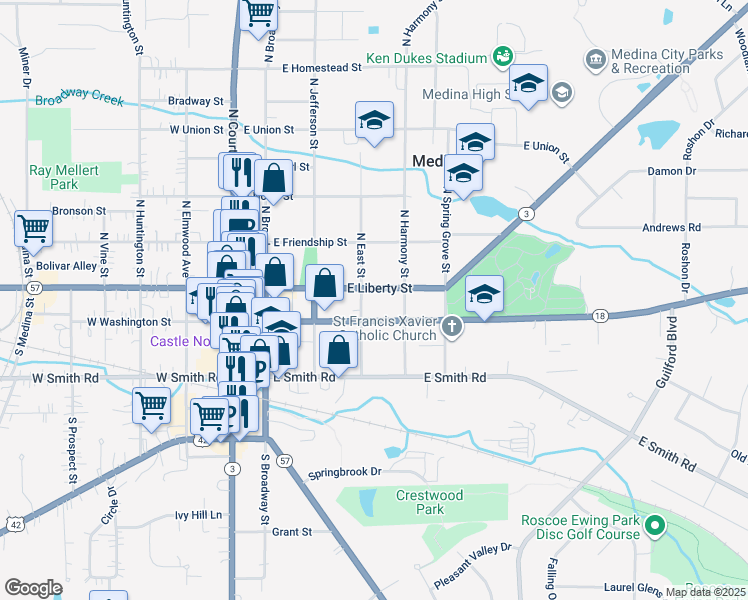 map of restaurants, bars, coffee shops, grocery stores, and more near 412 East Liberty Street in Medina