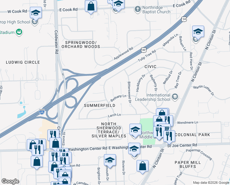 map of restaurants, bars, coffee shops, grocery stores, and more near 6518 Meadow Wood Place in Fort Wayne