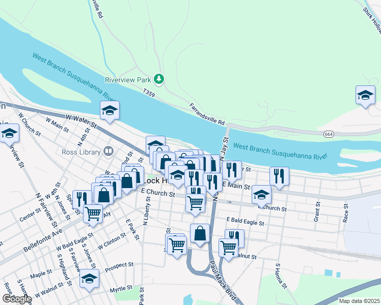 map of restaurants, bars, coffee shops, grocery stores, and more near Perry's Alley in Lock Haven