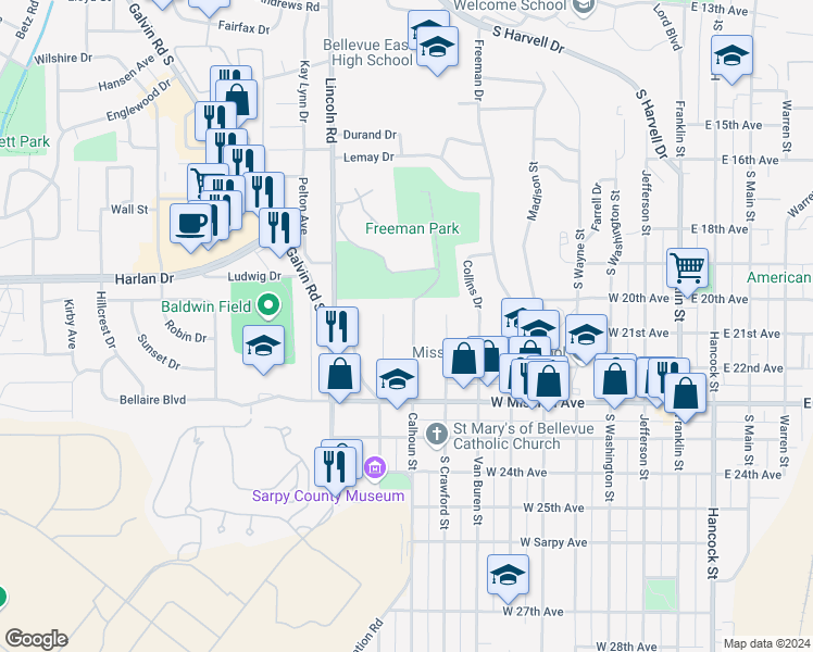 map of restaurants, bars, coffee shops, grocery stores, and more near 2012 Calhoun Street in Bellevue