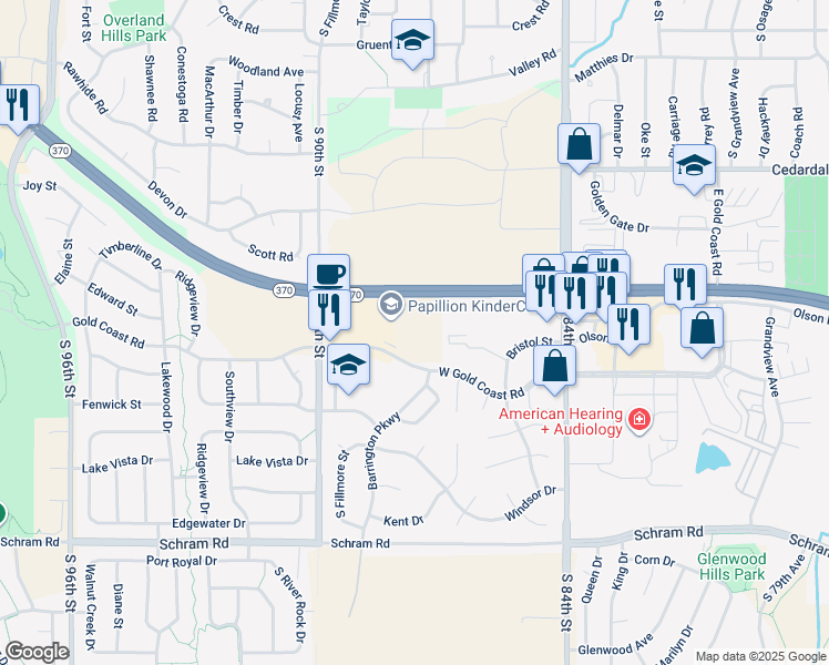 map of restaurants, bars, coffee shops, grocery stores, and more near 602 West Gold Coast Road in Papillion