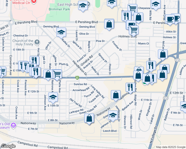 map of restaurants, bars, coffee shops, grocery stores, and more near 3110 Old Faithful Road in Cheyenne