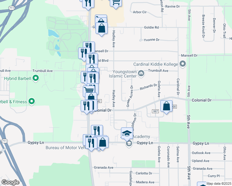 map of restaurants, bars, coffee shops, grocery stores, and more near 3022 Northgate Avenue in Youngstown