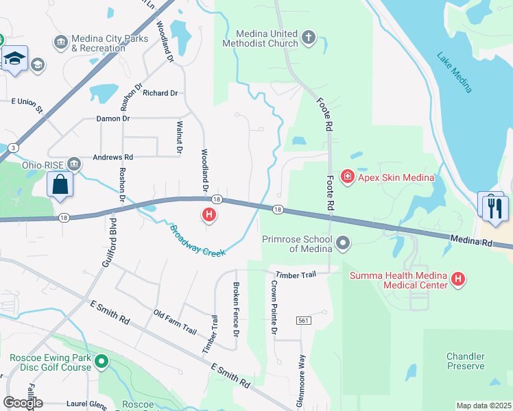 map of restaurants, bars, coffee shops, grocery stores, and more near 22 Grandview Lane in Medina