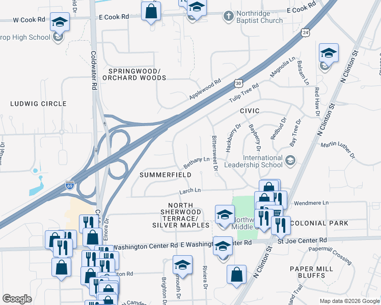 map of restaurants, bars, coffee shops, grocery stores, and more near 6518 Meadow Wood Place in Fort Wayne