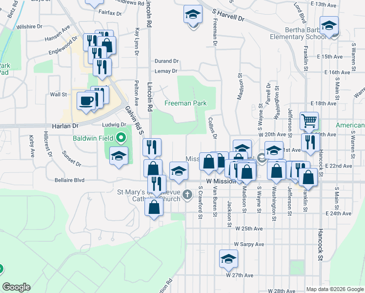 map of restaurants, bars, coffee shops, grocery stores, and more near 2009 Calhoun Street in Bellevue