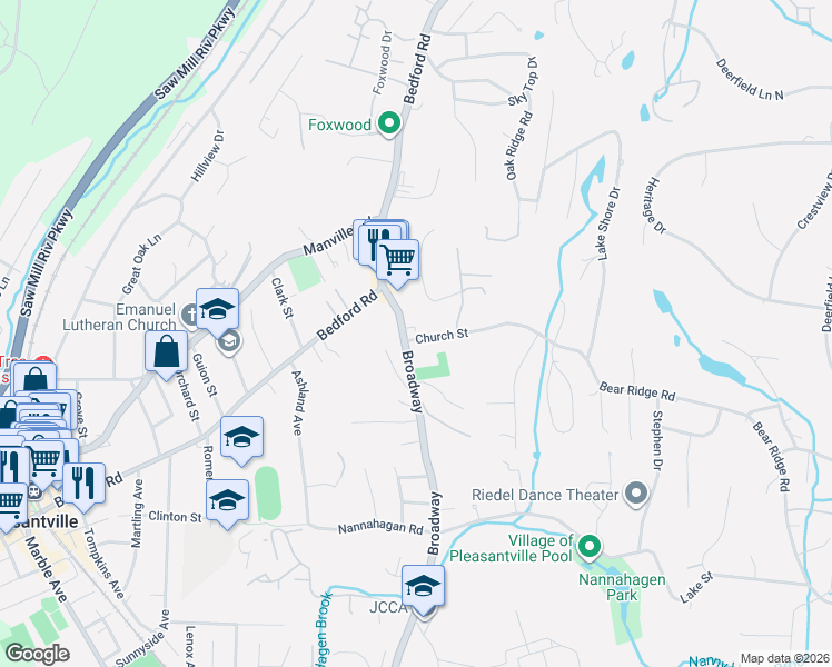 map of restaurants, bars, coffee shops, grocery stores, and more near 5 Church Street in Pleasantville