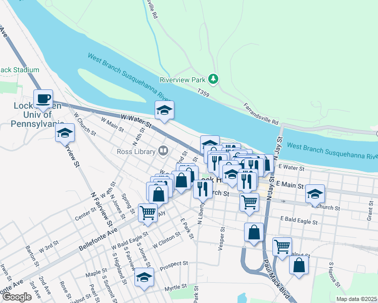 map of restaurants, bars, coffee shops, grocery stores, and more near 118 West Water Street in Lock Haven