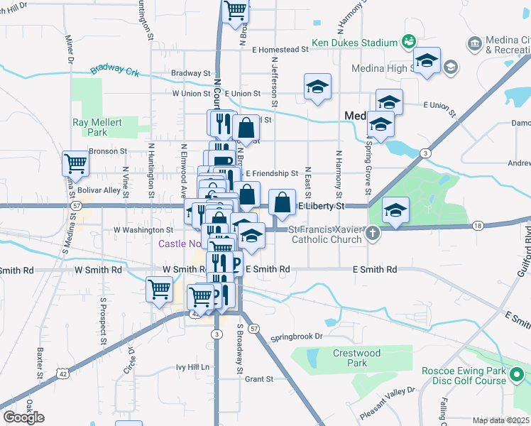 map of restaurants, bars, coffee shops, grocery stores, and more near 236 East Liberty Street in Medina