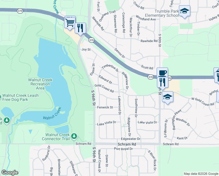 map of restaurants, bars, coffee shops, grocery stores, and more near 1102 Gold Coast Road in Papillion