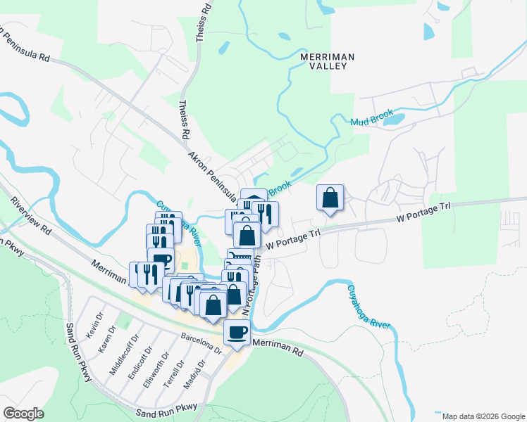 map of restaurants, bars, coffee shops, grocery stores, and more near 1611 Akron Peninsula Road in Akron