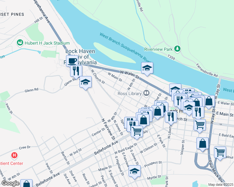 map of restaurants, bars, coffee shops, grocery stores, and more near 426 West Church Street in Lock Haven