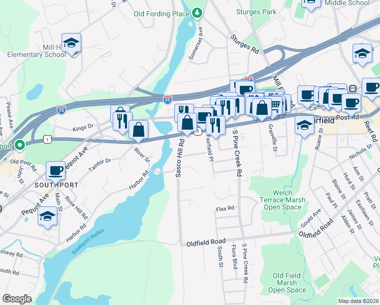 map of restaurants, bars, coffee shops, grocery stores, and more near 76 Overhill Road in Fairfield