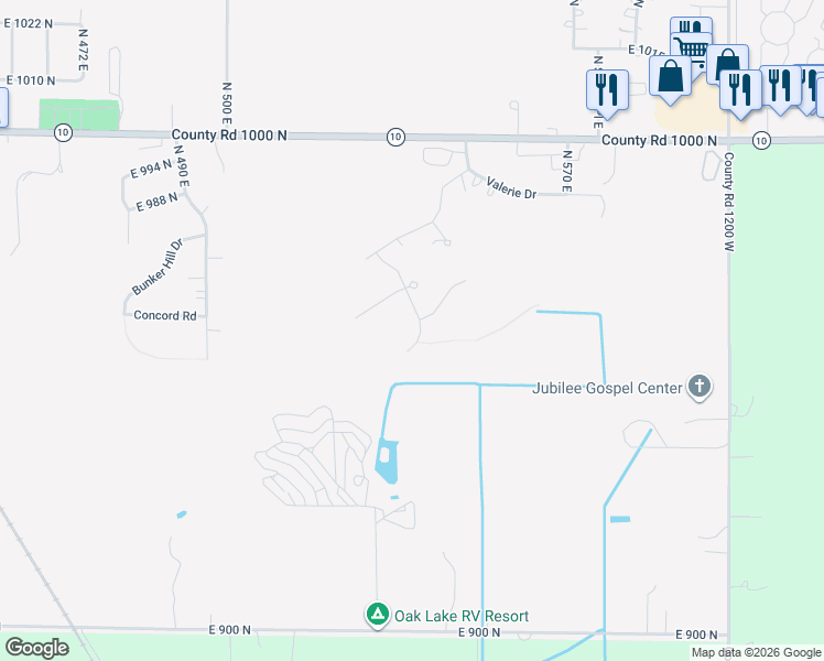 map of restaurants, bars, coffee shops, grocery stores, and more near 9600 North Charter Road in De Motte
