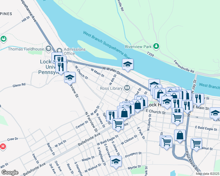 map of restaurants, bars, coffee shops, grocery stores, and more near 399 West Church Street in Lock Haven