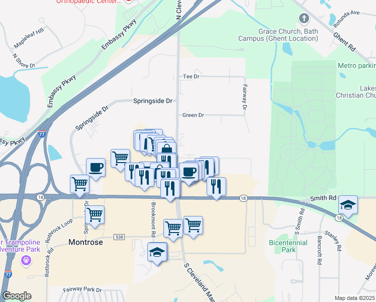 map of restaurants, bars, coffee shops, grocery stores, and more near 101 North Cleveland Massillon Road in Akron