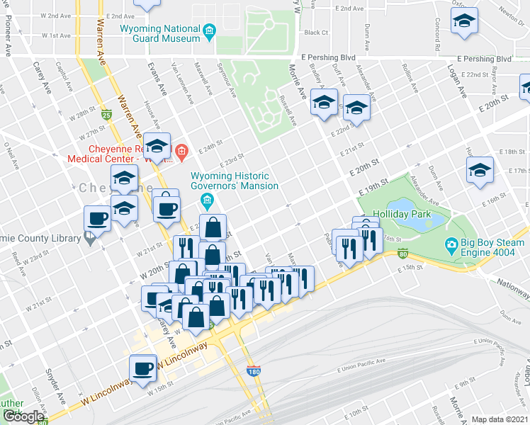 map of restaurants, bars, coffee shops, grocery stores, and more near 2002 Maxwell Avenue in Cheyenne