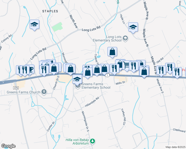 map of restaurants, bars, coffee shops, grocery stores, and more near 1265 Post Road East in Westport