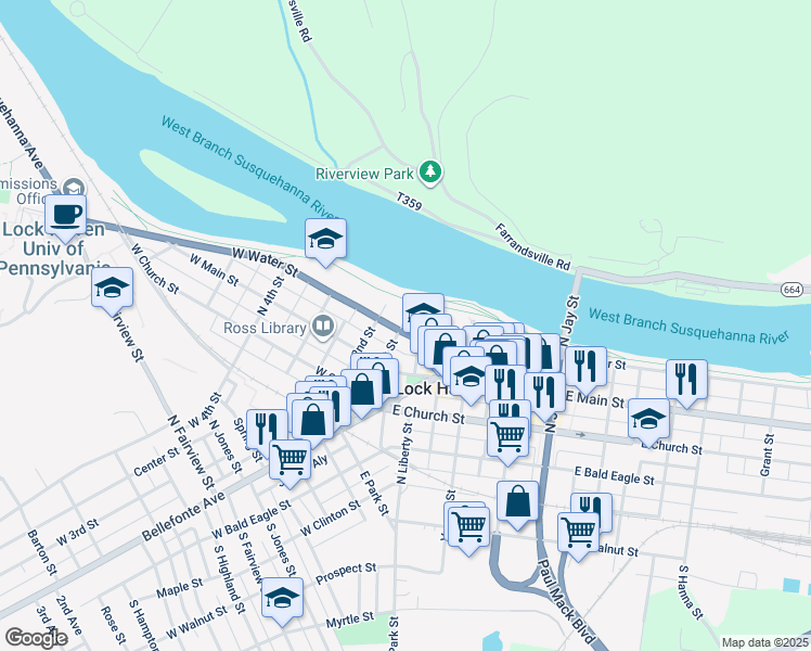 map of restaurants, bars, coffee shops, grocery stores, and more near 47 West Water Street in Lock Haven