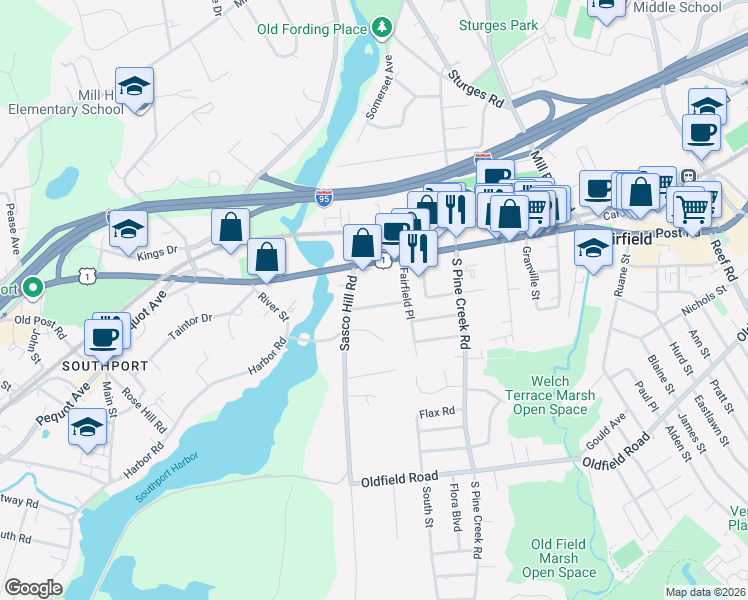 map of restaurants, bars, coffee shops, grocery stores, and more near 76 Overhill Road in Fairfield