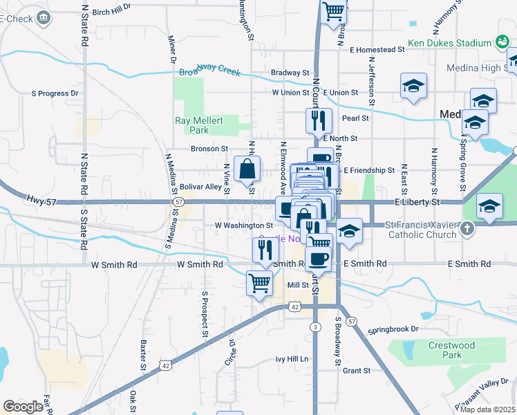 map of restaurants, bars, coffee shops, grocery stores, and more near 220 West Liberty Street in Medina
