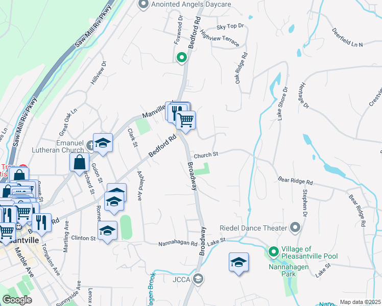 map of restaurants, bars, coffee shops, grocery stores, and more near 85 Broadway in Pleasantville
