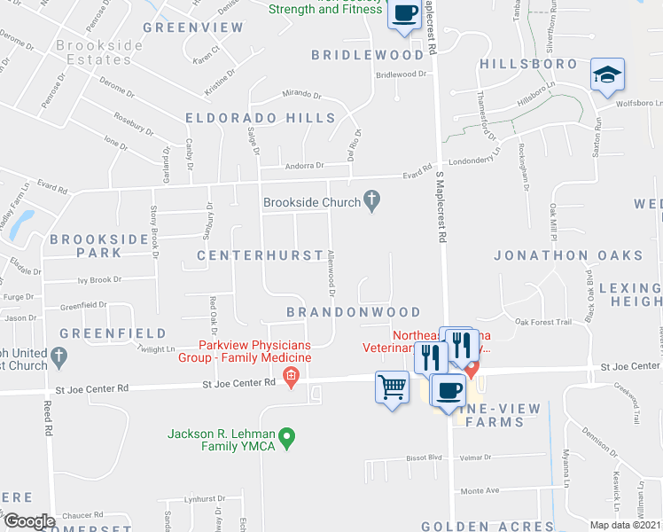 map of restaurants, bars, coffee shops, grocery stores, and more near 6222 Allenwood Drive in Fort Wayne