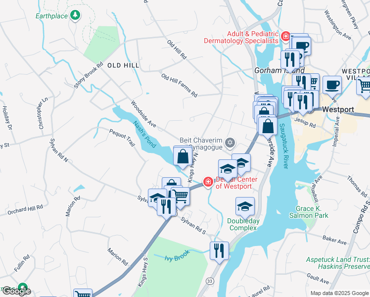 map of restaurants, bars, coffee shops, grocery stores, and more near 5 Woodside Avenue in Westport