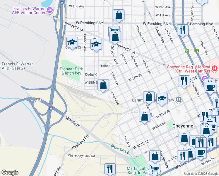 map of restaurants, bars, coffee shops, grocery stores, and more near 1026 West 27th Street in Cheyenne