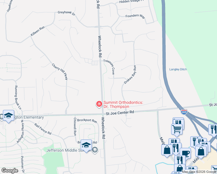 map of restaurants, bars, coffee shops, grocery stores, and more near 6401 Treasure Cove in Fort Wayne