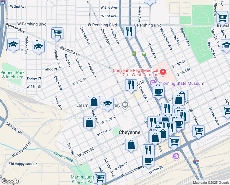 map of restaurants, bars, coffee shops, grocery stores, and more near 416 West 24th Street in Cheyenne