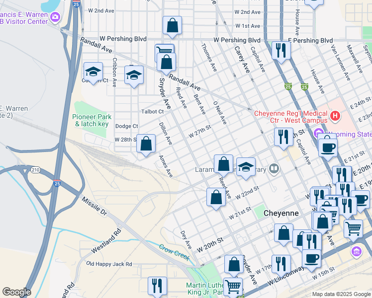 map of restaurants, bars, coffee shops, grocery stores, and more near 820 West 26th Street in Cheyenne