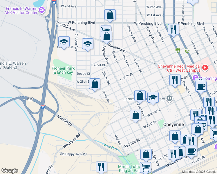 map of restaurants, bars, coffee shops, grocery stores, and more near 2620 Dillon Avenue in Cheyenne