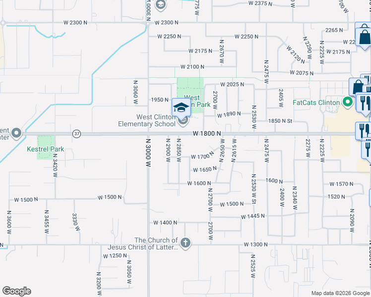 map of restaurants, bars, coffee shops, grocery stores, and more near 2813 West 1750 North in Clinton