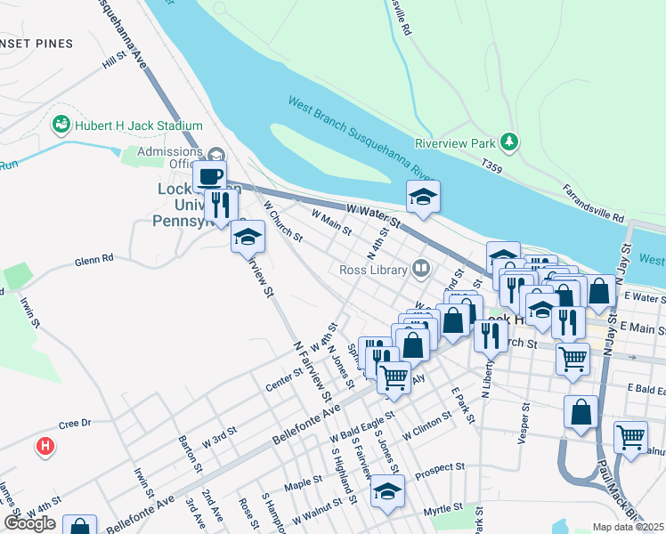 map of restaurants, bars, coffee shops, grocery stores, and more near 426 West Church Street in Lock Haven