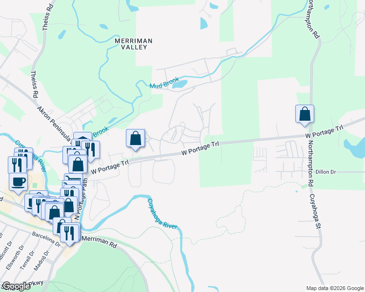 map of restaurants, bars, coffee shops, grocery stores, and more near 888 Whitepine Drive in Akron