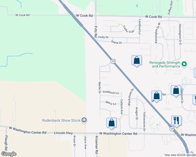 map of restaurants, bars, coffee shops, grocery stores, and more near 6511 Merlin Drive in Fort Wayne