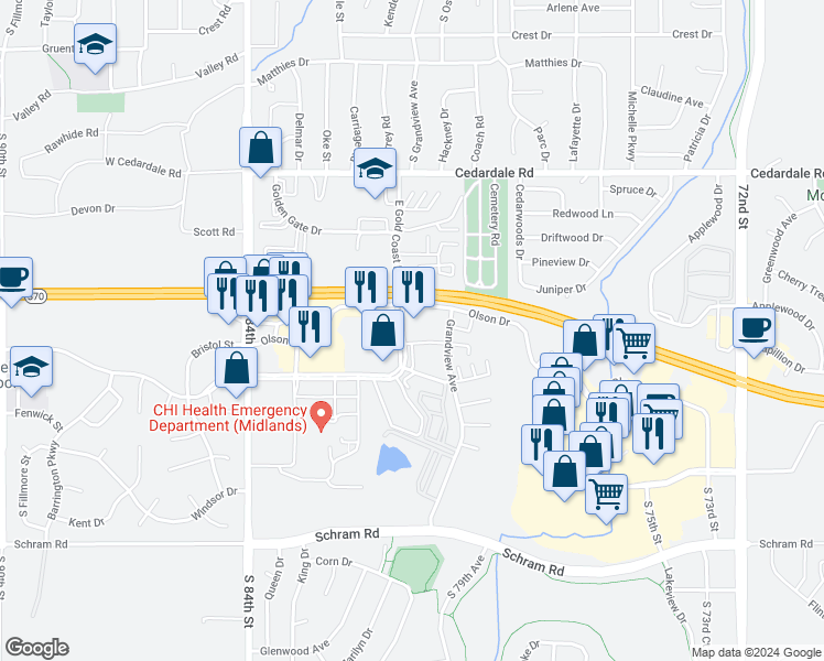 map of restaurants, bars, coffee shops, grocery stores, and more near 1409 East Gold Coast Road in Papillion