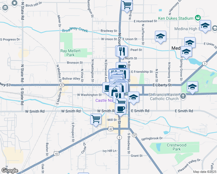 map of restaurants, bars, coffee shops, grocery stores, and more near 136 West Liberty Street in Medina