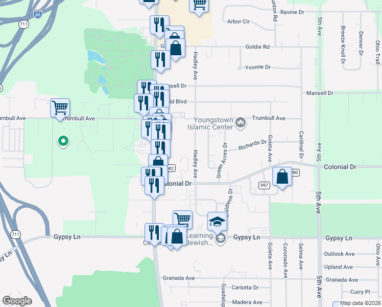 map of restaurants, bars, coffee shops, grocery stores, and more near 3098 Hadley Avenue in Youngstown