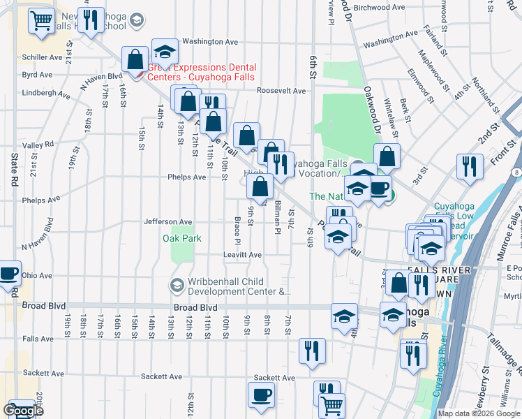 map of restaurants, bars, coffee shops, grocery stores, and more near 2330 8th Street in Cuyahoga Falls