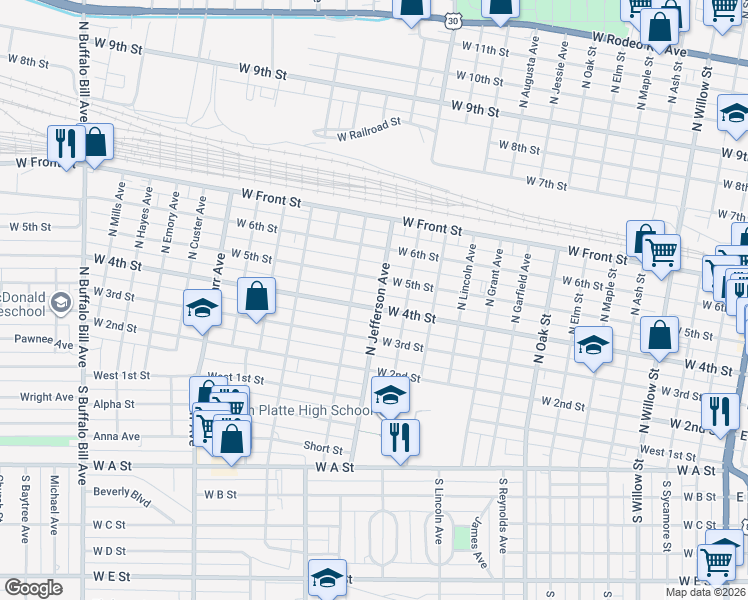 map of restaurants, bars, coffee shops, grocery stores, and more near 1401 West 4th Street in North Platte
