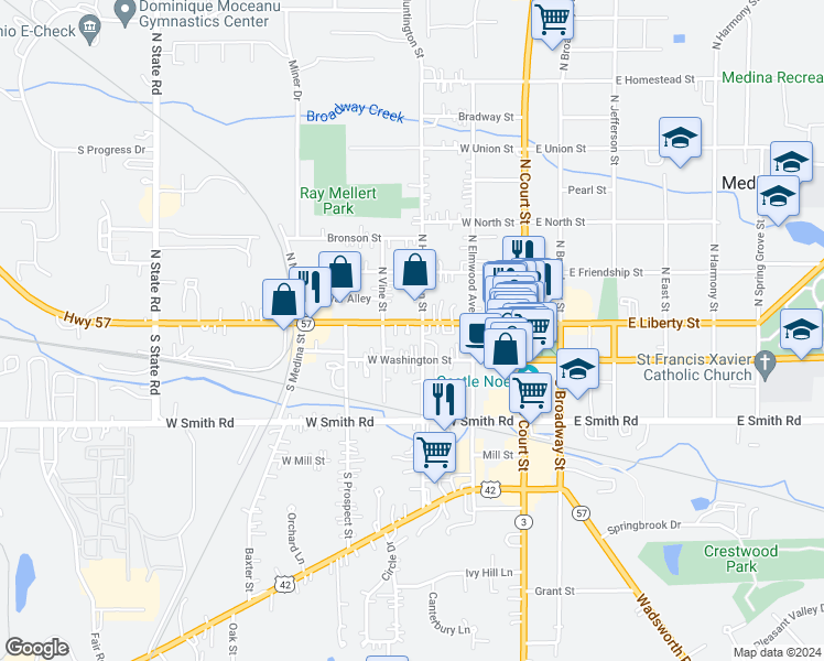 map of restaurants, bars, coffee shops, grocery stores, and more near 310 West Liberty Street in Medina