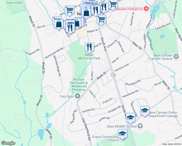 map of restaurants, bars, coffee shops, grocery stores, and more near 309 Park Street in New Canaan