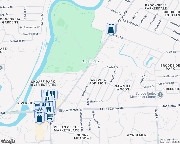 map of restaurants, bars, coffee shops, grocery stores, and more near 6330 Saint Joe Road in Fort Wayne
