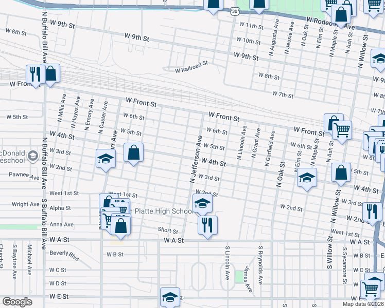 map of restaurants, bars, coffee shops, grocery stores, and more near 1401 West 4th Street in North Platte