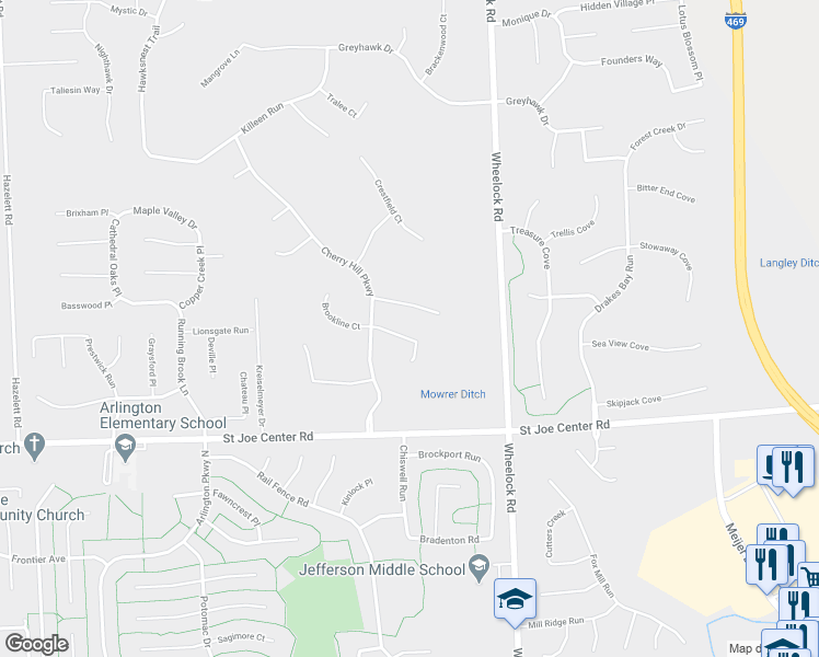 map of restaurants, bars, coffee shops, grocery stores, and more near 8827 Dune Creek Cove in Fort Wayne