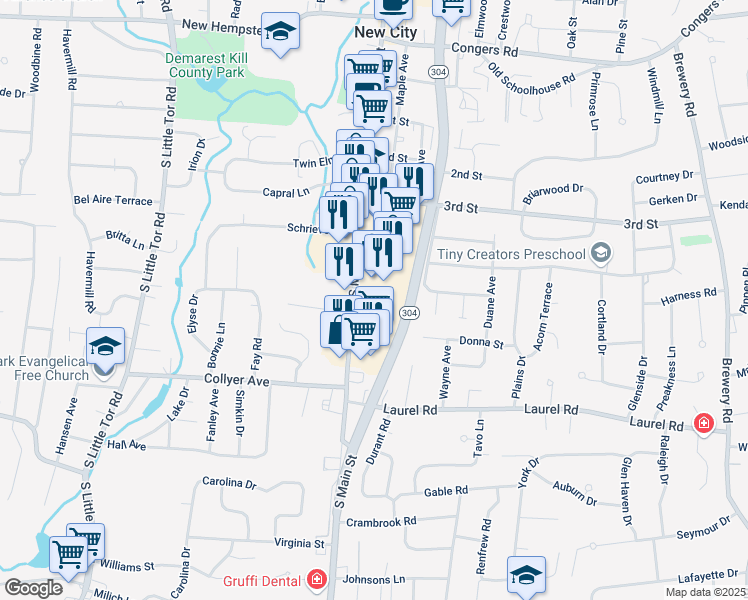 map of restaurants, bars, coffee shops, grocery stores, and more near 243 South Main Street in New City