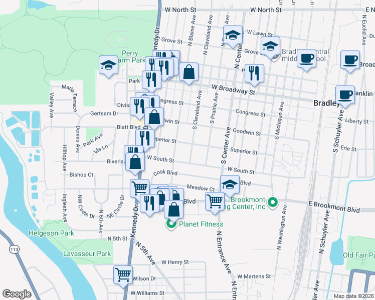 map of restaurants, bars, coffee shops, grocery stores, and more near 435 South Cleveland Avenue in Bradley